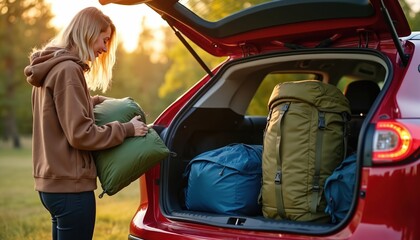 Fototapeta premium Young woman loads camping gear into red car trunk. Packs green sleeping bag with travel bags, backpack. Sun shines, preparing for outdoor adventure road trip. Person enjoys packing for nature journey.