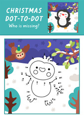 Christmas vector dot-to-dot and color activity with penguin, colored winter snowy scene. New Year connect the dots game for children with cute bird. What is missing printable worksheet