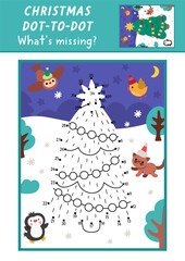 Christmas vector dot-to-dot and color activity with cute decorated fir tree, colored winter snowy scene. New Year connect the dots game for children with. What is missing printable worksheet