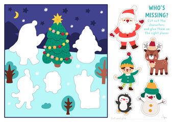 Vector Christmas cut and glue activity. Crafting game with cute snowy winter landscape, Santa Claus, elf, snowman. New Year printable worksheet. Find the right piece of the puzzle. Complete picture