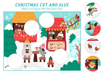 Vector cut and glue activity with Christmas fair, cute animals. New Year game with winter snowy landscape. Fill up scene with round sticker. Find right piece of puzzle. Complete picture