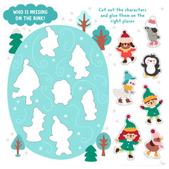 Vector Christmas cut and glue activity. Crafting game with ice rink, skating animals, snowy winter landscape. New Year printable worksheet. Find right piece of the puzzle. Complete picture