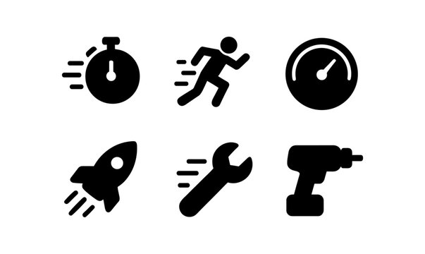 Speed and efficiency symbolized: tools, timer, and motion icons in bold silhouette
