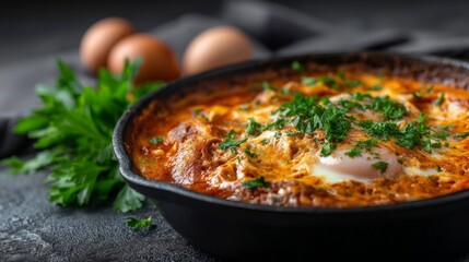 Fototapeta premium A vibrant dish of shakshuka showcases poached eggs nestled in rich tomato sauce, garnished with fresh parsley. Surrounded by eggs and rustic kitchen elements, it promises warmth and flavor
