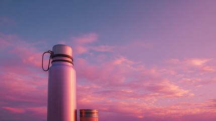 Stainless Steel Bottle Against a Pink and Blue Sunset Sky