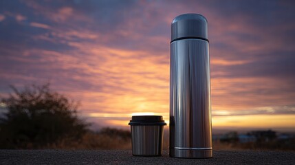 Obraz premium Stainless Steel Thermos and Travel Mug Reflecting a Vibrant Sunset Sky