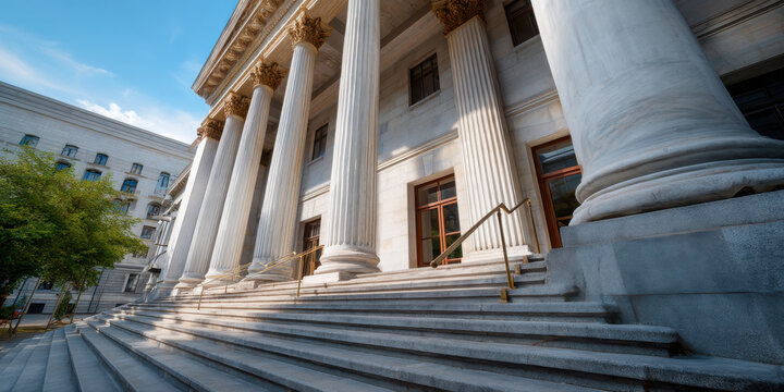 Grand classical courthouse entrance with tall Corinthian columns and wide stone steps under blue sky, dignified exterior atmosphere - Powered by Adobe