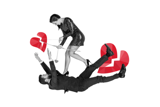 Composite photo collage of two lovers girl guy cupid arrow bow valentine crack heart breakup crisis problem isolated on painted background