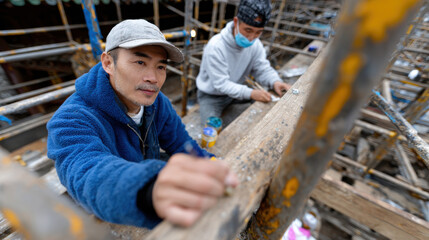 Two skilled craftsmen focus on their work atop elevated scaffolding, exemplifying teamwork and concentration in the restoration of a significant architectural site.