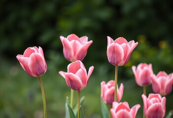 Fototapeta premium Soft pink tulips in full bloom, vibrant spring blossoms against blurred green background, garden, flora