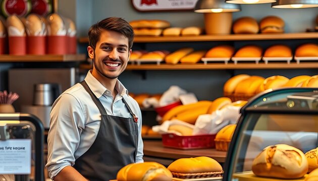 Smiling cashier at bakery counter, fresh bread displayed,   delight,   food service