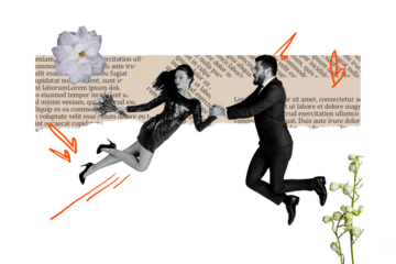 Composite trend artwork sketch image photo collage of like love story feeling couple young guy fly hold lady bouquet date textpage book