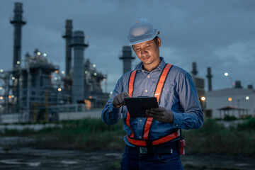 Industrial engineer in safety gear using digital tablet during night shift at power plant or refinery, monitoring operational data and ensuring accuracy in industrial facility management.