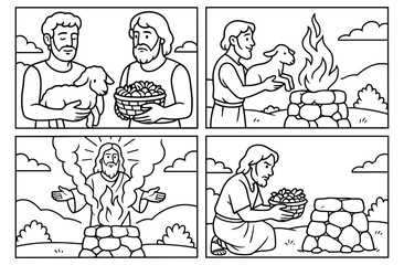 Obraz premium Biblical offering tale: ancient ritual with sacred elements depicted in four panels, design for educational material