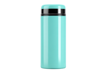 Turquoise insulated water bottle with black lid, white isolated background.