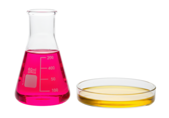 Isolated laboratory beakers and petri dish filled with colorful chemical liquid solution