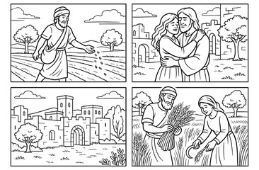 Biblical comic panels featuring parables and scenes for inspirational storytelling and educational design