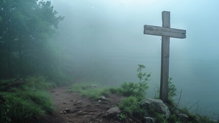 Rustic wooden cross stands on a misty forest trail, surrounded by greenery and rocks in a peaceful, atmospheric setting.