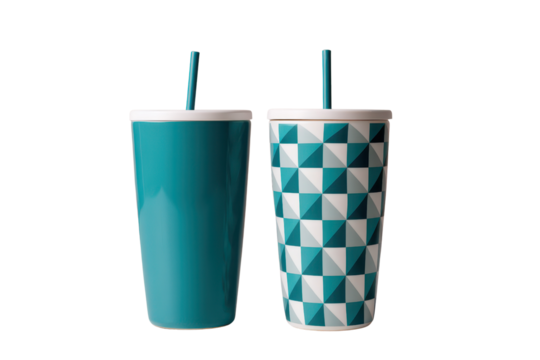 Two stylish drink cups with straws on a white isolated background.