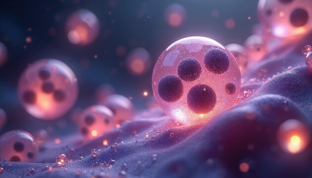 Microscopic glowing orbs with internal structures float on purple textured surface. Tiny bright lights and small spheres scatter around the vibrant organic matter. Cells regenerate and heal.