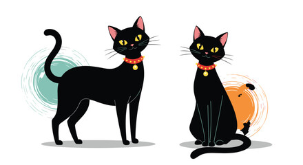 Obraz premium Two black cats with yellow eyes and red collars stand on a white background.