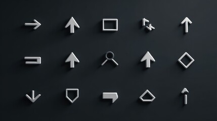 Minimalist 3D Icons: A Collection of White Arrows and Geometric Shapes on Dark Background