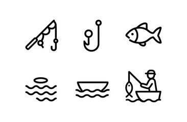 Obraz premium Simple line art fishing icons collection featuring boat and fish illustrations
