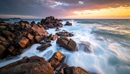 A picturesque coastal scene showcases golden hour colors painting the sky and reflecting onto a rocky shoreline. The waves crash, creating white foam