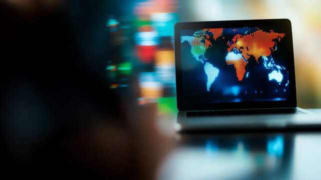 A close-up view of a laptop displaying a colorful world map, representing global connectivity and digital communication.