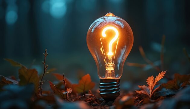 Glowing lightbulb with question mark symbol inside. Light bulb in autumn leaves on ground. Concept of idea, innovation, problem solving. Searching for solution, answer, inspiration. Bright idea in