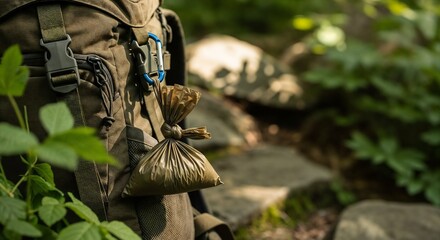 Brown eco-friendly dog poop bag attached to backpack in forest – ecology theme