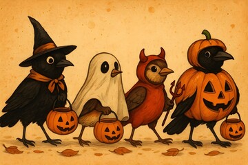 Halloween Birds' Parade – Whimsical Avian Quartet in Costumes with Trick-or-Treat Buckets