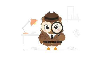Cute Owl Detective with Magnifying Glass – Simple Children's Style Flat Vector Illustration