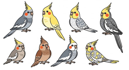 Cockatiel Color Mutations Vector Set – Cute Cartoon Parrots in Yellow & Grey Combinations