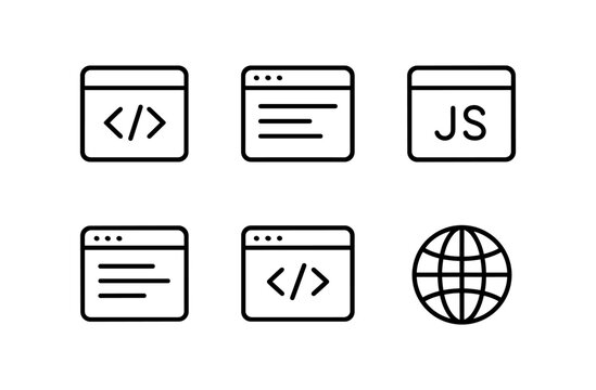 Minimal web development icons featuring code and browser elements