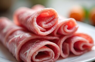 Closeup of fresh raw meat rolls on white plate. Thinly sliced marbled pork lamb prepared for cooking. Key ingredient for Asian dishes like shabu-shabu hot pot yakiniku barbecue. Delicious protein