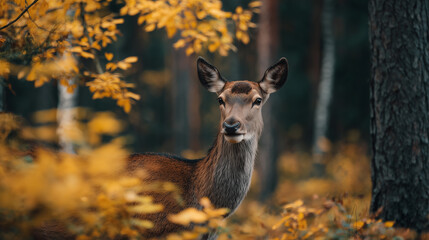 Deer Standing in Golden Autumn Forest
