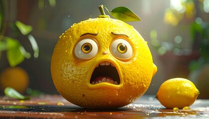 A plump, yellow citrus fruit with wide, expressive eyes and a gaping mouth, looking shocked and bewildered, with a smaller citrus nearby