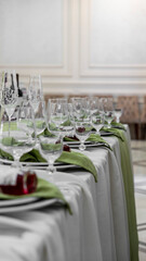 wedding table setting. in white, green and red tones. green cloth napkins, glasses and a white tablecloth