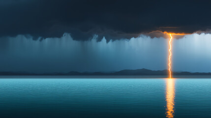 Fototapeta premium A dramatic scene of dark clouds hovering over a calm water surface, illuminated by a striking bolt of lightning.