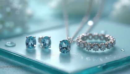 Platinum jewelry set with aquamarine and diamonds. Earrings necklace ring gleam. Elegant precious accessory for special occasions. Fine detailed luxury.
