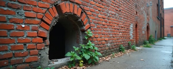 Old brick wall with arched openings in city alley. Green plants grow near weathered structure. Paved walkway leads past aged building facade.