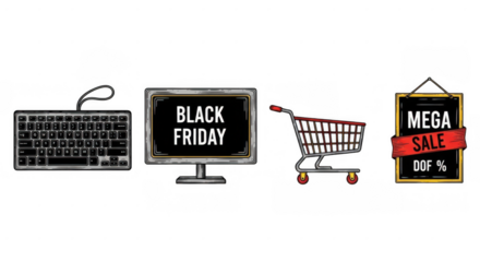 Black Friday Sale Shopping Cart and Computer Keyboard Monitor.