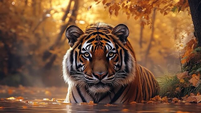Majestic tiger emerges from tranquil water, surrounded by autumn foliage, highlighting its striking features and natural beauty