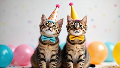 Two cute cats wear party hats and bow ties. Festive balloons around. Kittens celebrate special event. Pets look up. Funny animals pose on birthday. Copy space for congratulation or invitation.