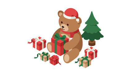 Cute christmas bear with gifts and tree in isometric design