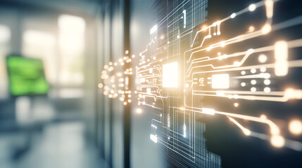 A futuristic digital interface with glowing circuits, representing advanced technology and connectivity in a modern workspace.