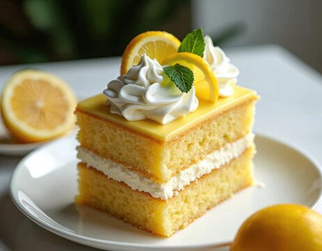Close-up of a lemon layer cake slice on white plate. Creamy frosting and fresh lemon slices decorate this sweet dessert. Perfect for culinary workshops or food presentation ideas.