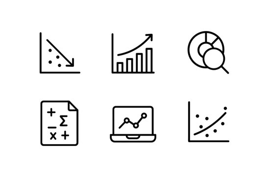 Linear style business and data analysis icons with graphs and charts