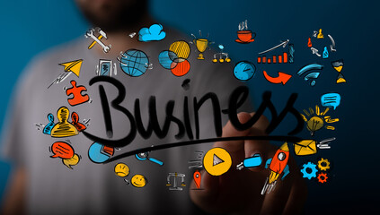 A person interacts with a futuristic digital interface, displaying 'Business' and vibrant hand-drawn icons for strategy, growth, and innovation